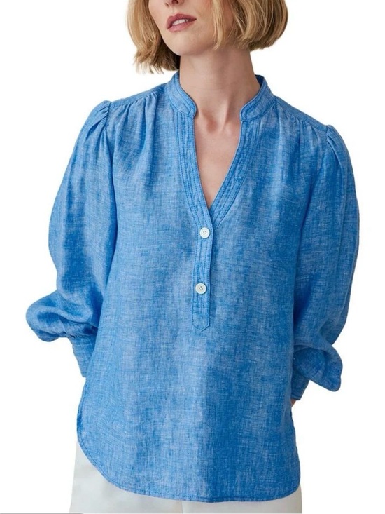 J Mclaughlin Tops - J McLaughlin Rashell Linen Blouse Blue Split V-Neck Puff Lantern Sleeve Top L